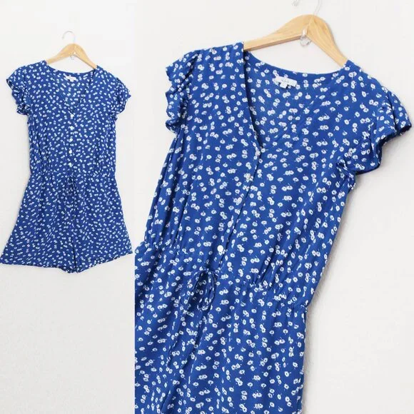 Rails Chloe Cobalt Floating Daisies Romper S Flutter Sleeves Blue Revolve $178 - Picture 9 of 16